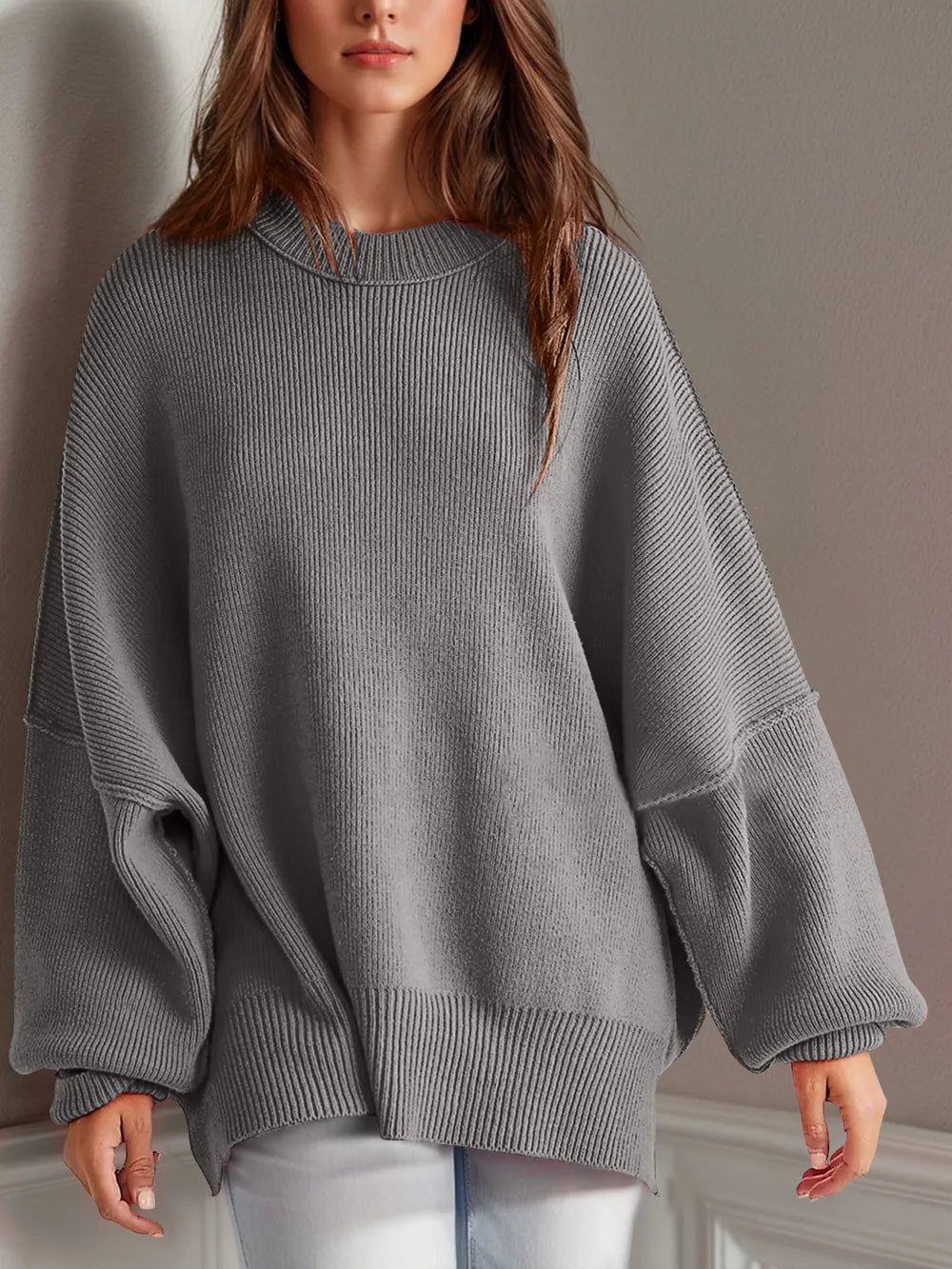 Double Take Side Slit Round Neck Long Sleeve Sweater - adritiX