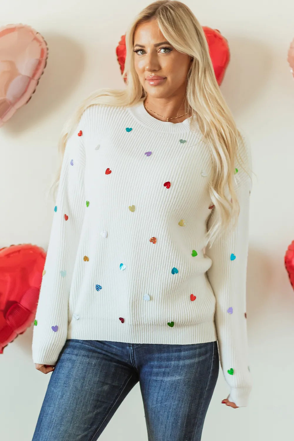 Heart Sequin Round Neck Long Sleeve Sweater - adritiX