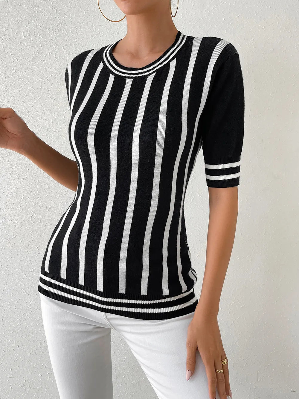 Striped Round Neck Half Sleeve Knit Top - adritiX