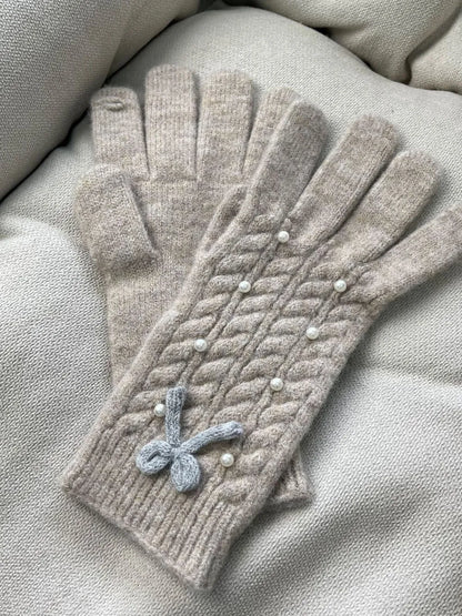 Thermal Pearl Detail Bow Five-Finger Gloves - adritiX