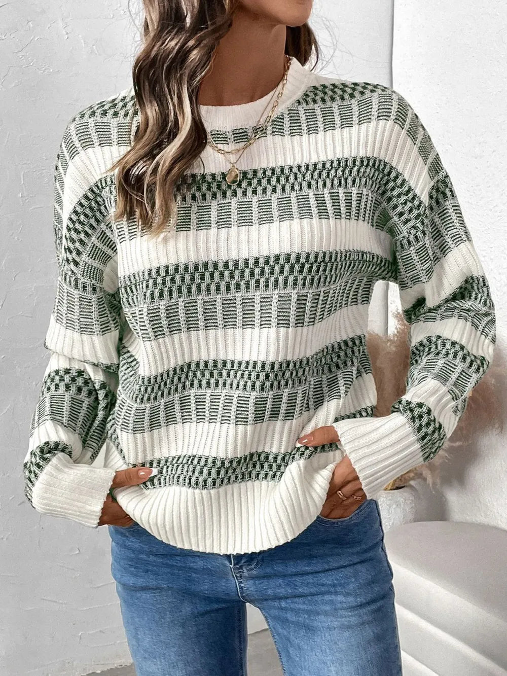 Perfee Contrast Round Neck Long Sleeve Sweater - adritiX