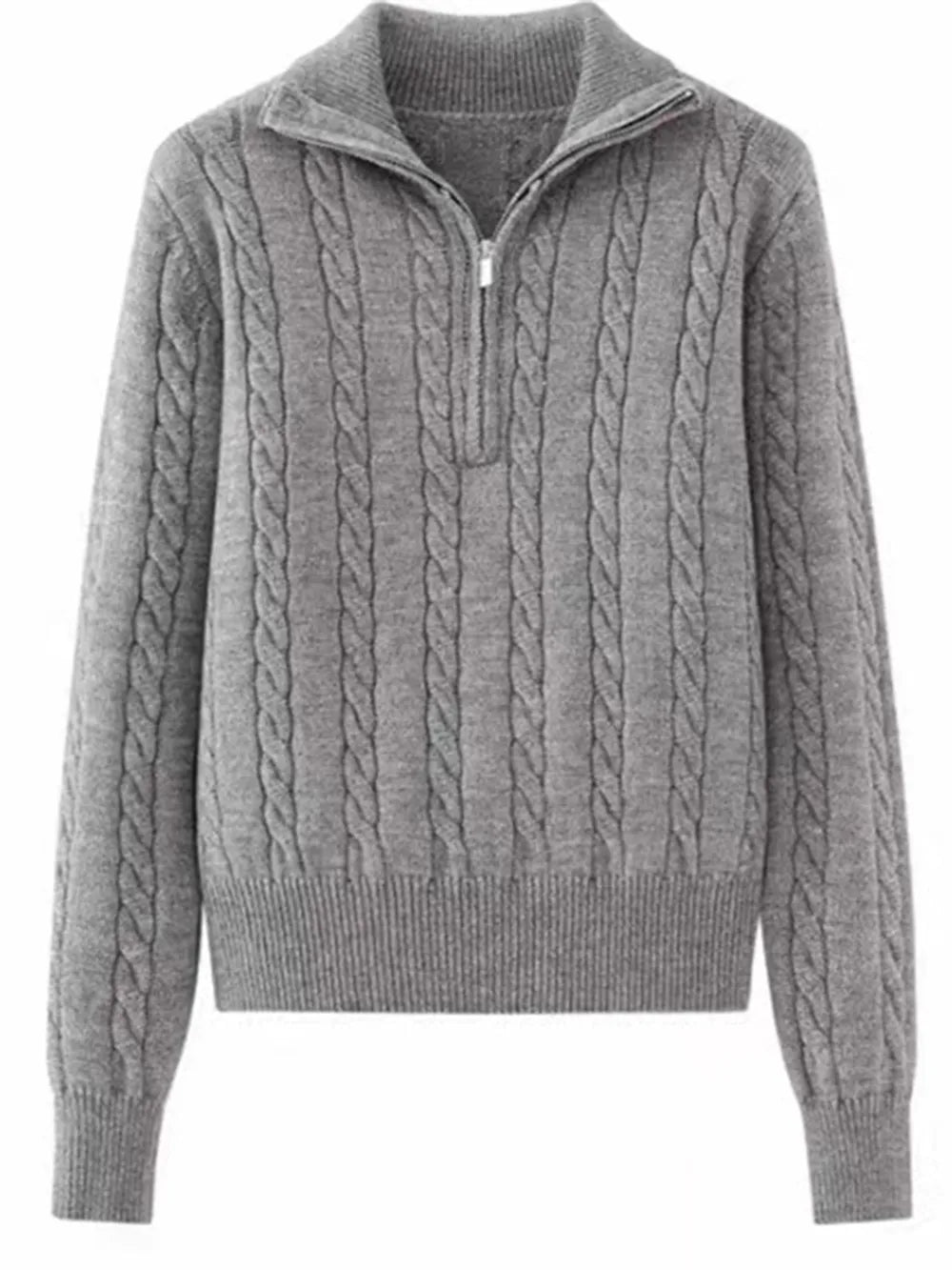 Cable-Knit Half Zip Long Sleeve Sweater - adritiX