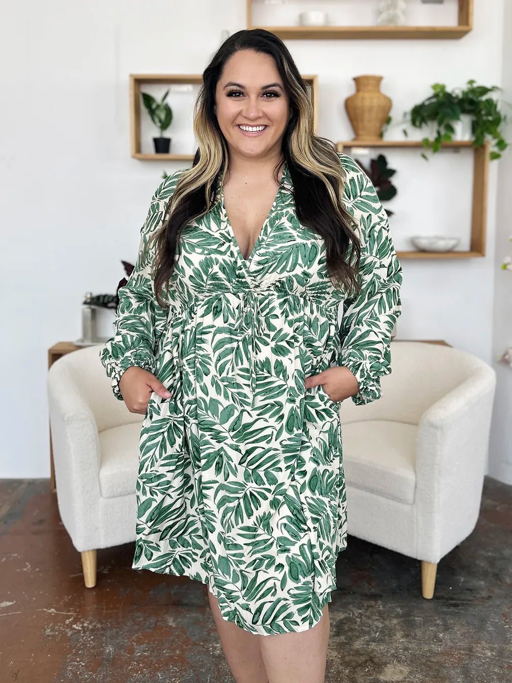 Double Take Full Size Printed Ruched Balloon Sleeve Dress - adritiX