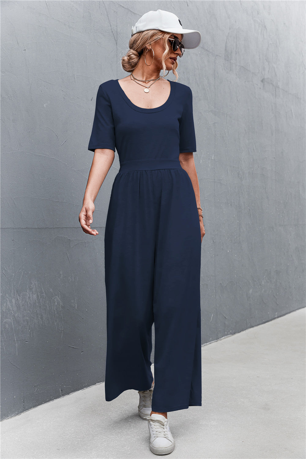 Elegant Scoop Neck Half Sleeve Wide Leg Jumpsuit - adritiX