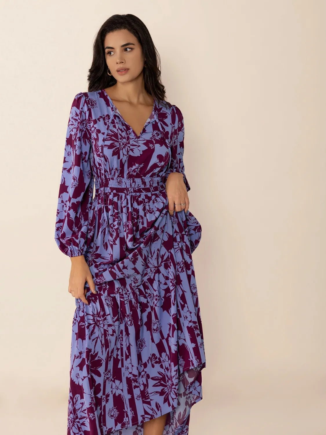 Printed Tie Neck Balloon Sleeve Maxi Dress - adritiX