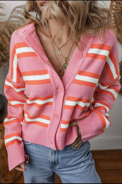Striped Button Down Long Sleeve Cardigan - adritiX