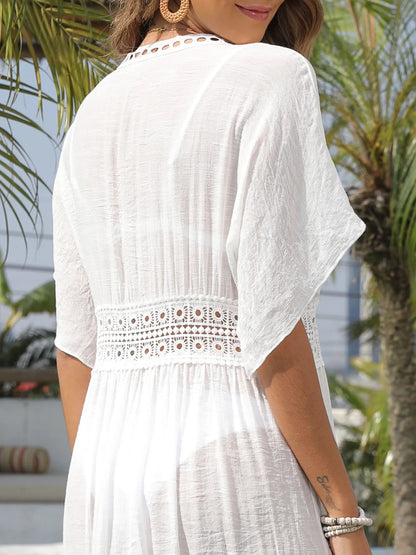 Lace Trim Plunging Beach Cover Up Maxi Dress - adritiX