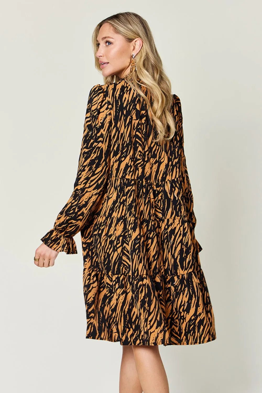 Double Take Full Size Printed Ruffle Hem Long Sleeve Dress - adritiX