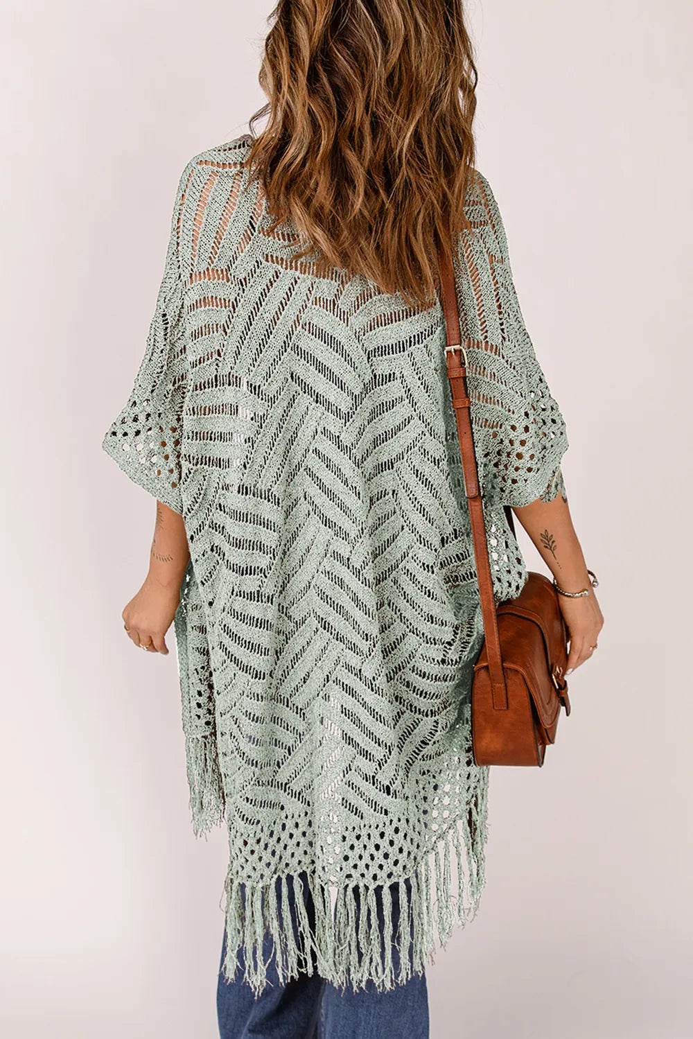 Openwork Open Front Cardigan with Fringes - adritiX