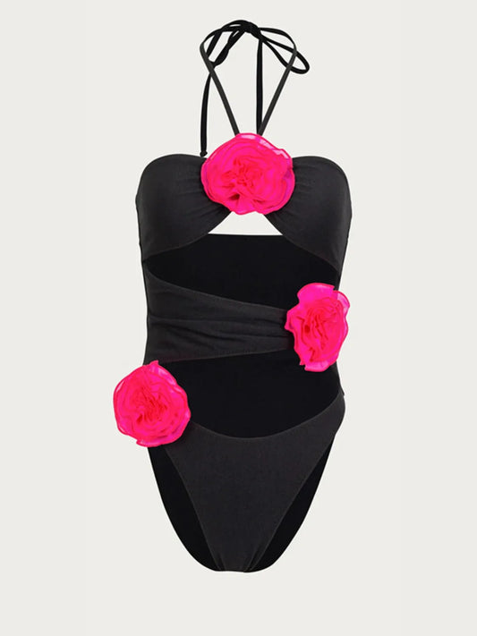 Flower Cutout Halter Neck One-Piece Swimwear - adritiX