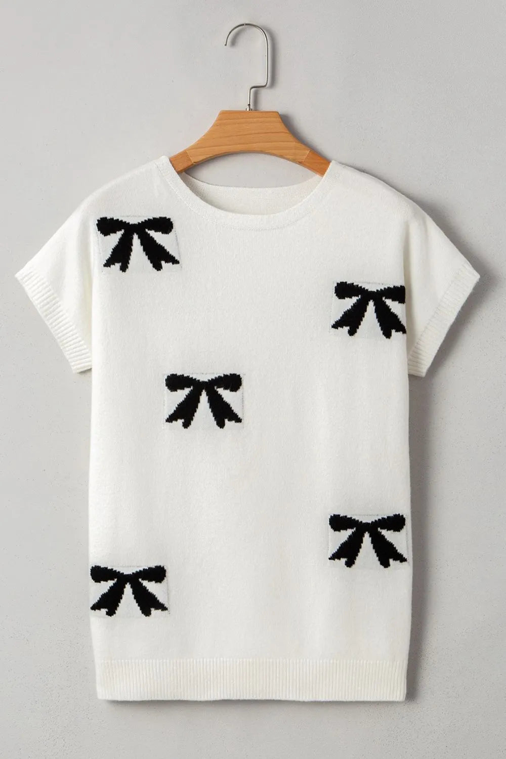 Elegant Bow Pattern Knit Short Sleeve Sweater - adritiX