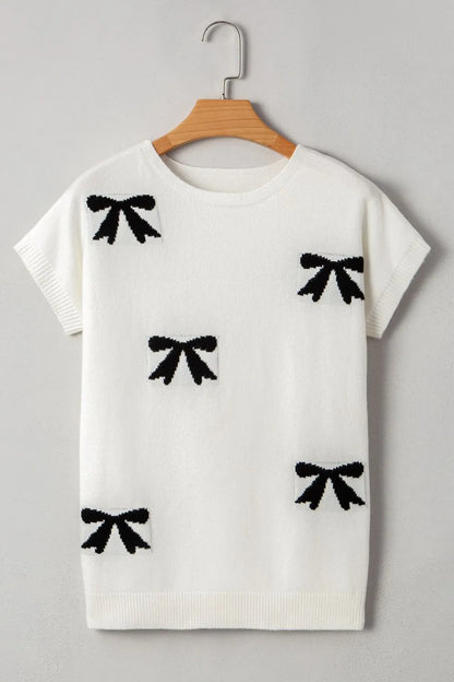 Elegant Bow Pattern Knit Short Sleeve Sweater - adritiX