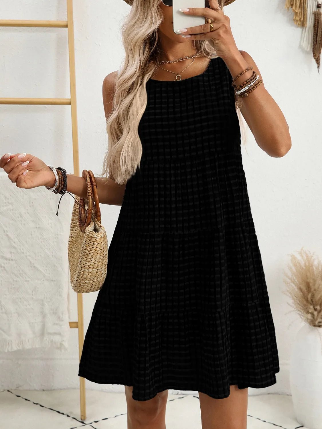 Plaid Round Neck Sleeveless Mini Dress - adritiX