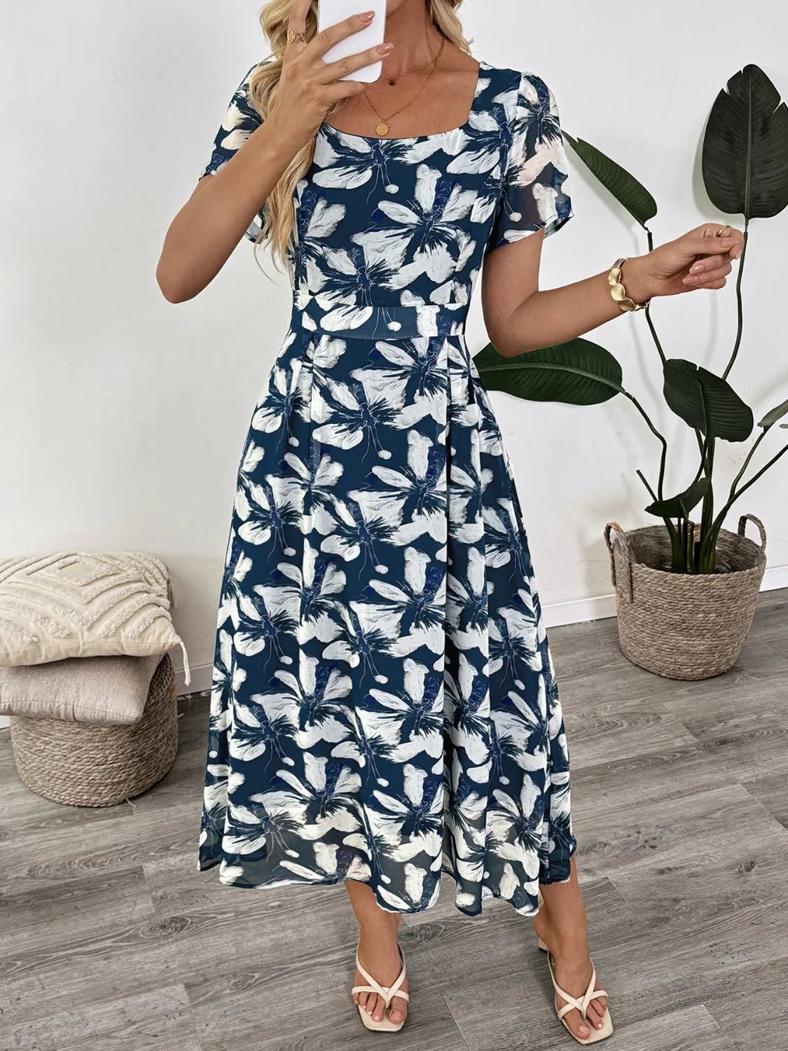 Printed Square Neck Midi Dress - adritiX