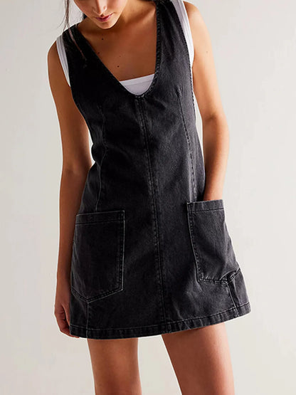 Oversized V-Neck Denim Tank Dress with Front Pockets - adritiX