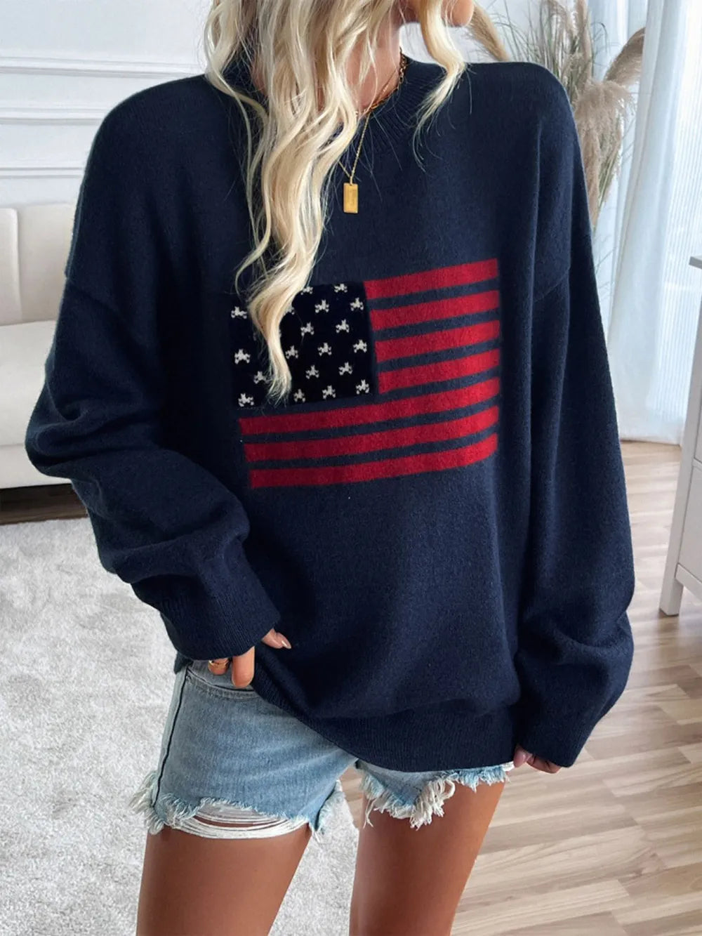 Devine US Flag Round Neck Long Sleeve Knit Top - adritiX