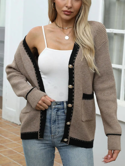 Contrast Trim Button Up Long Sleeve Cardigan - adritiX