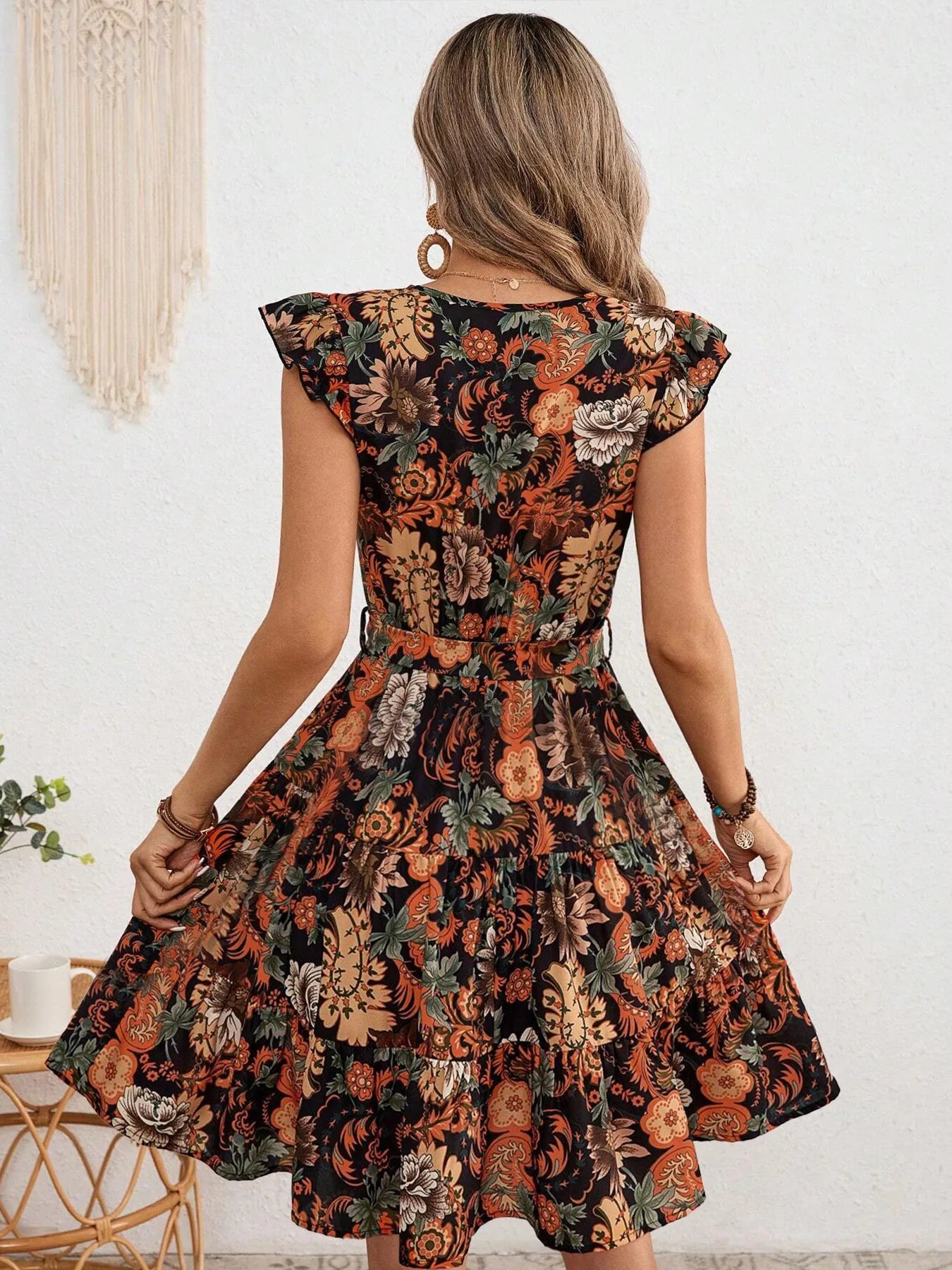 Ruffled Printed Surplice Cap Sleeve Dress - adritiX