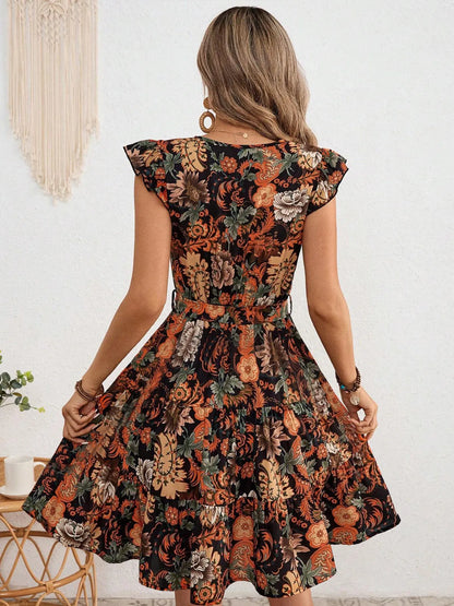 Ruffled Printed Surplice Cap Sleeve Dress - adritiX