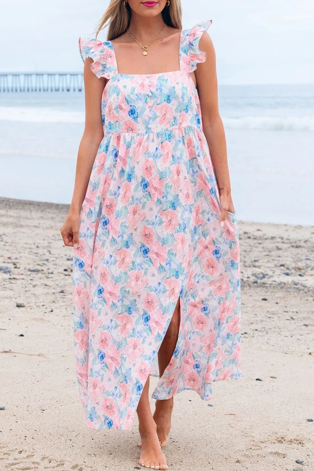 Floral Colorblock Flutter Straps Flowy Dress - adritiX