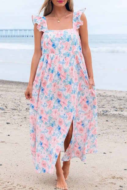 Floral Colorblock Flutter Straps Flowy Dress - adritiX