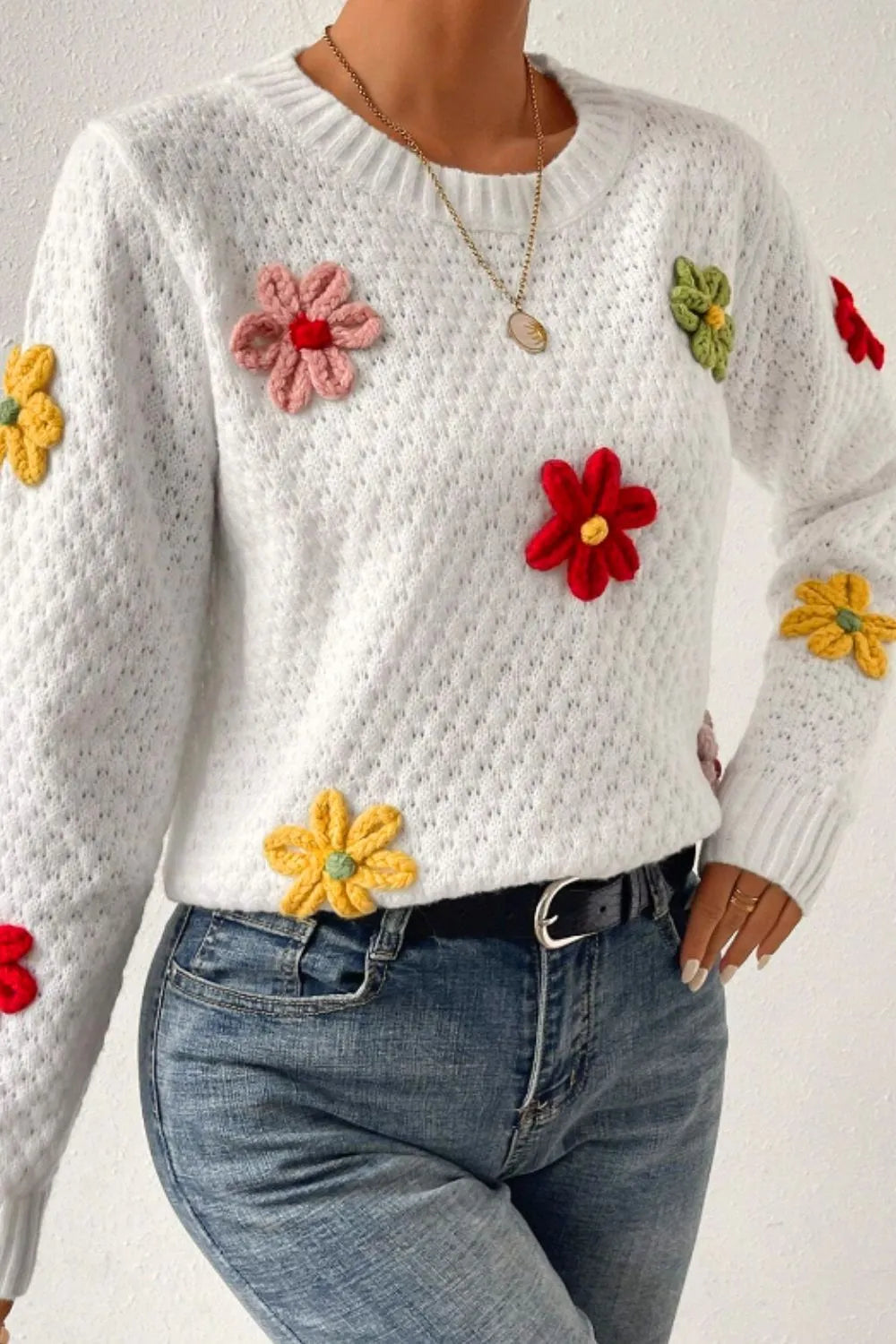 Elegant Crochet Flower Round Neck Long Sleeve Sweater - adritiX