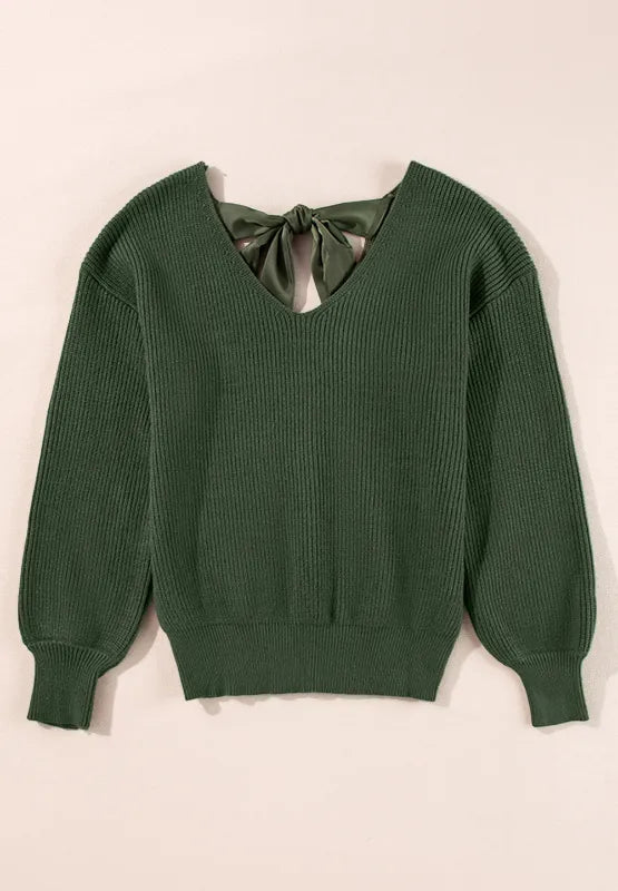 Tied Back V-Neck Long Sleeve Sweater - adritiX