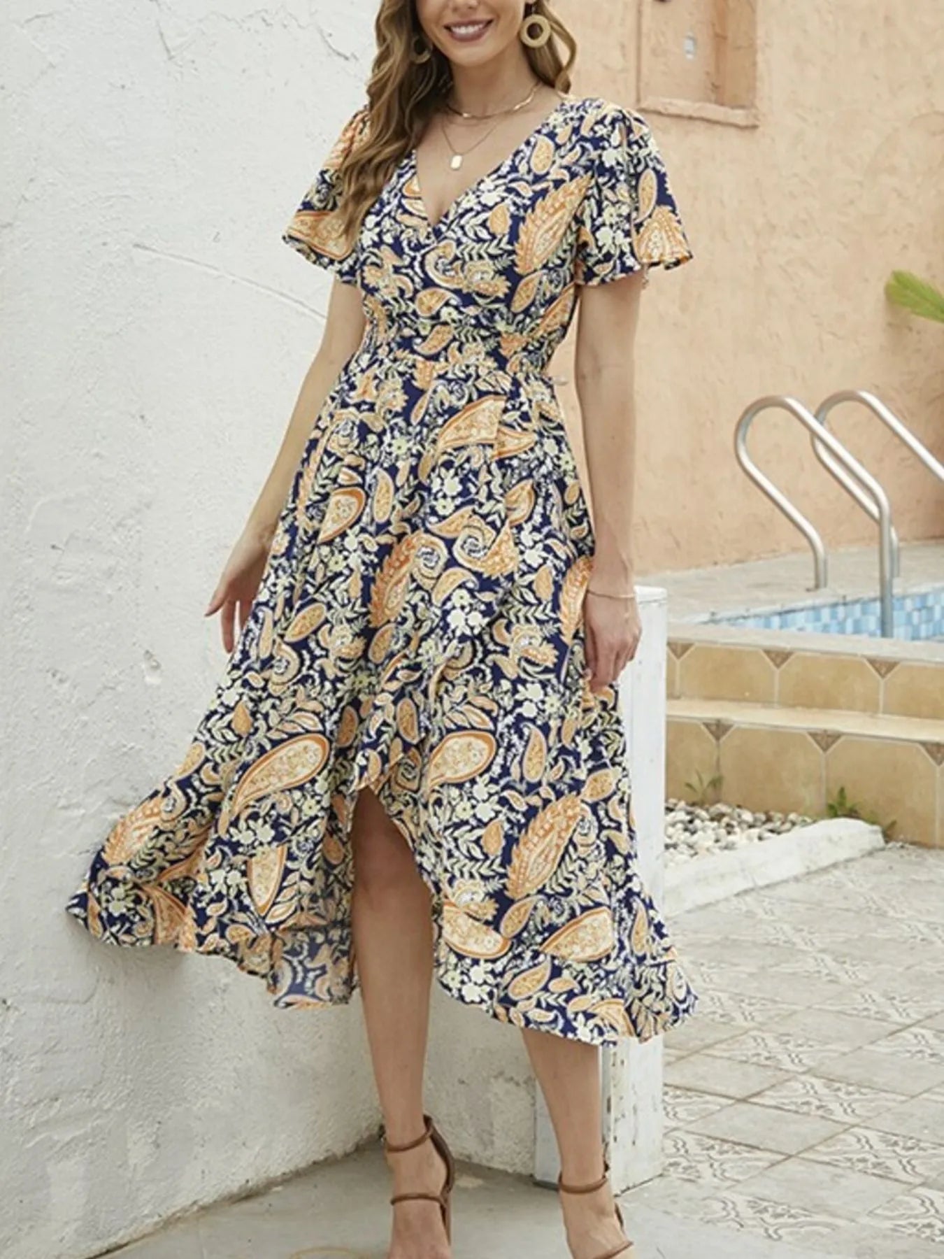 Floral Print Short Sleeve Wrap Midi Dress - adritiX