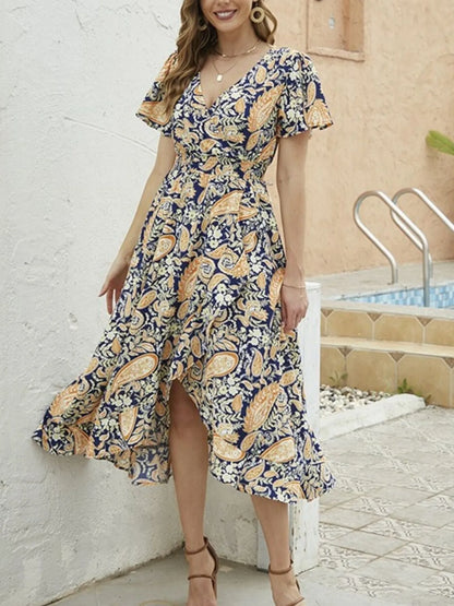 Floral Print Short Sleeve Wrap Midi Dress - adritiX