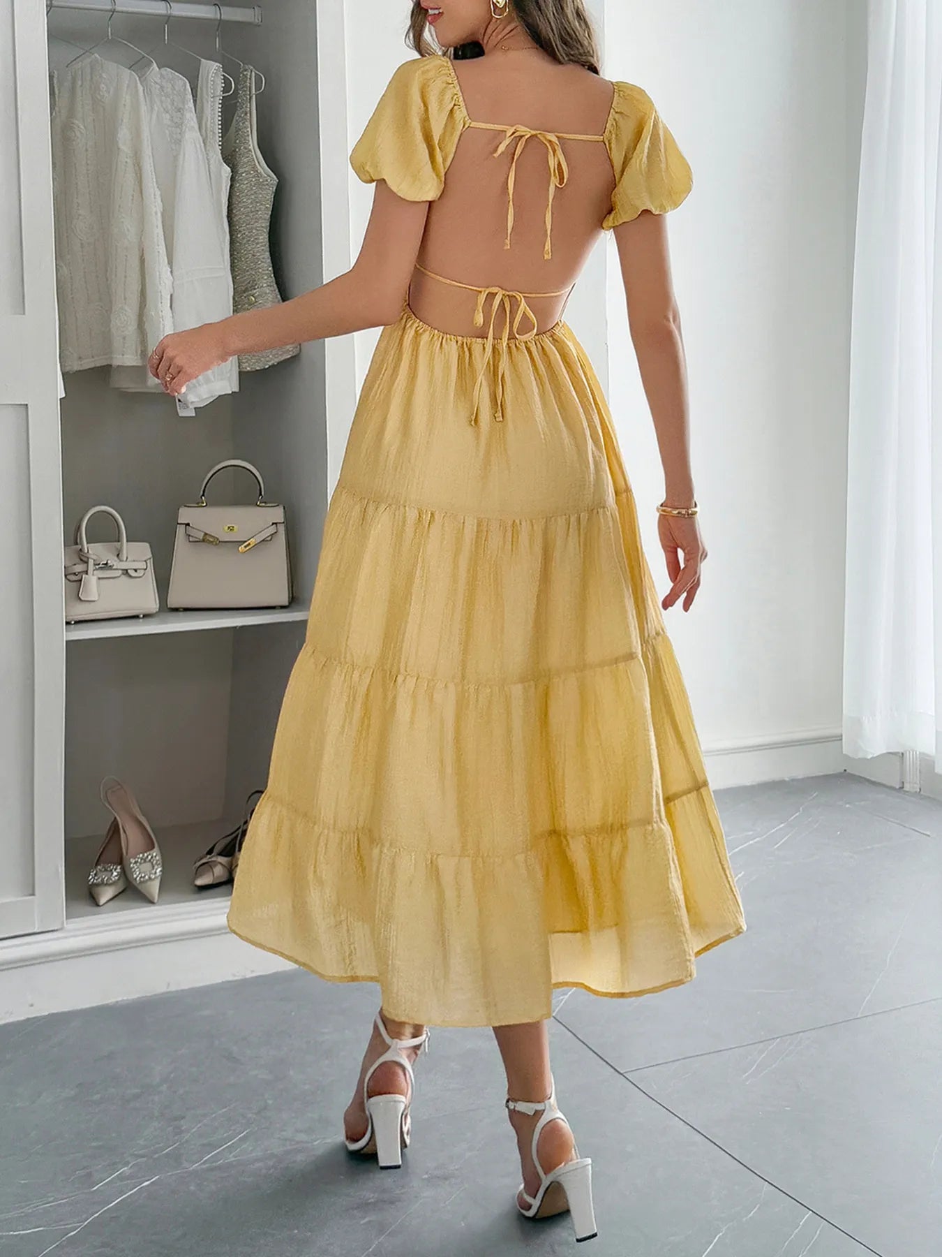 Elegant V-Neck Short Sleeve Midi Dress - adritiX