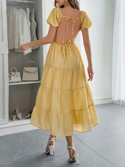 Elegant V-Neck Short Sleeve Midi Dress - adritiX