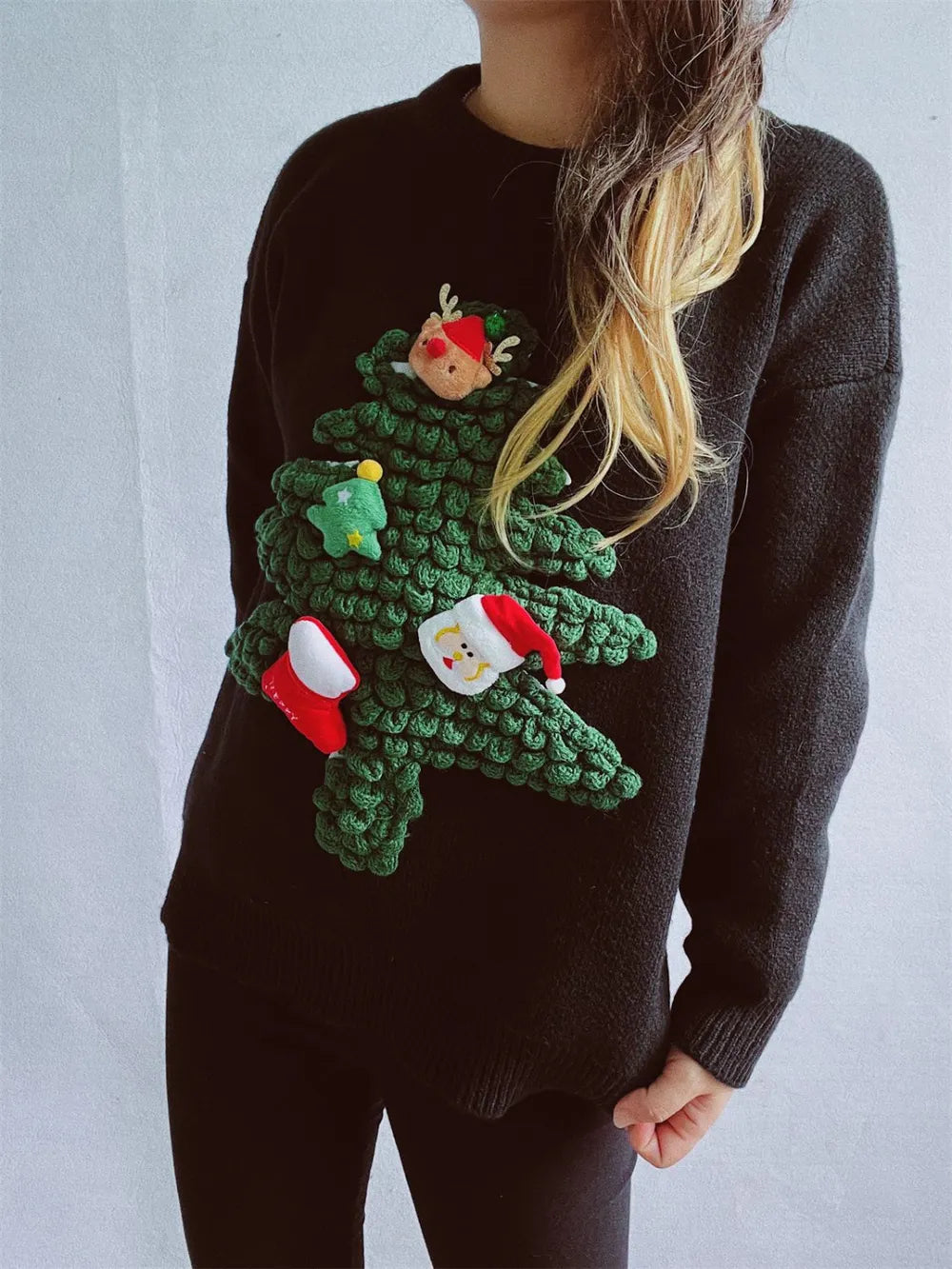 Elegant Christmas Tree Round Neck Long Sleeve Sweater - adritiX