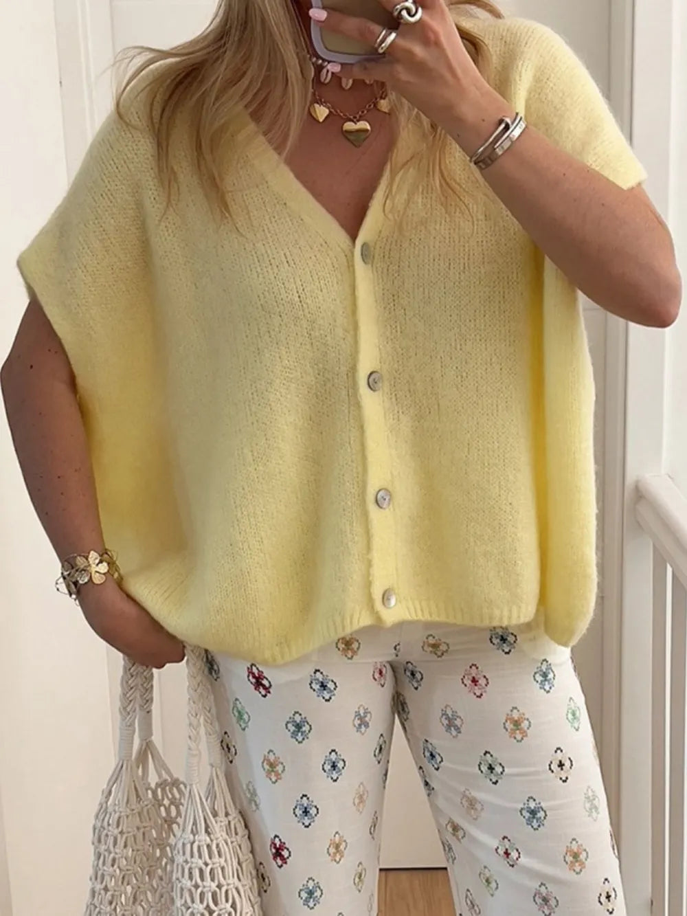V-Neck Button Up Short Sleeve Cardigan - adritiX