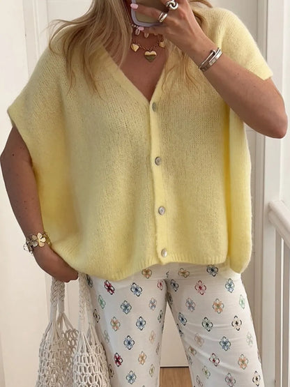 V-Neck Button Up Short Sleeve Cardigan - adritiX