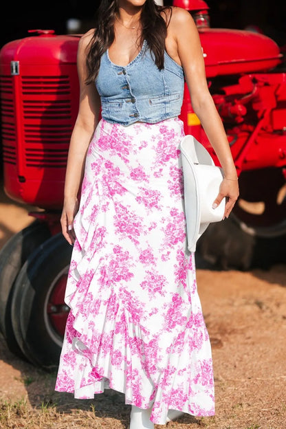 Boho Floral High Waist Ruffle Split Maxi Skirt - adritiX