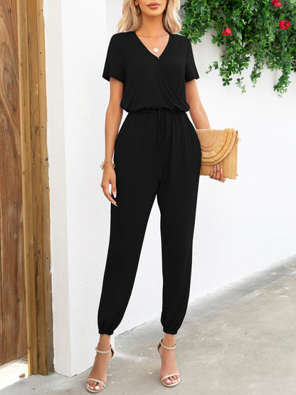 Elegant Short Sleeve V-Neck Jumpsuit with Pockets - adritiX