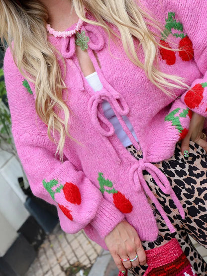 Tied Cherry Round Neck Long Sleeve Cardigan - adritiX