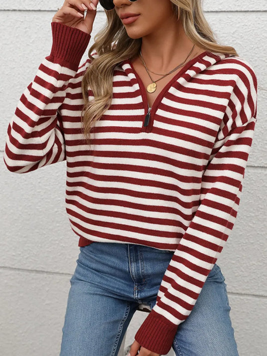 Perfee Striped Long Sleeve Hooded Sweater - adritiX