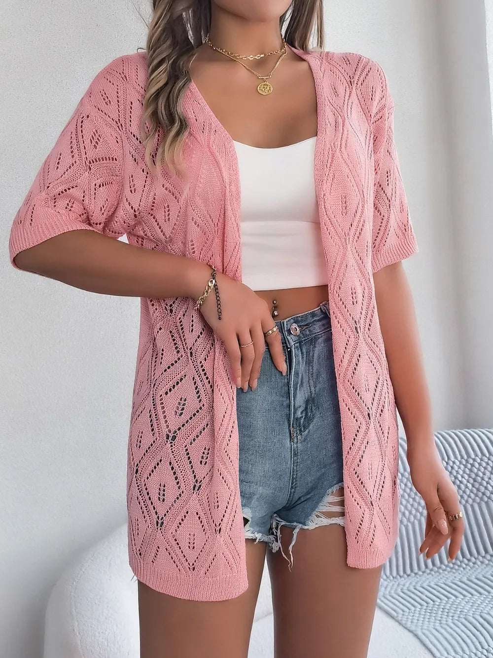 Openwork Open Front Half Sleeve Cardigan - adritiX