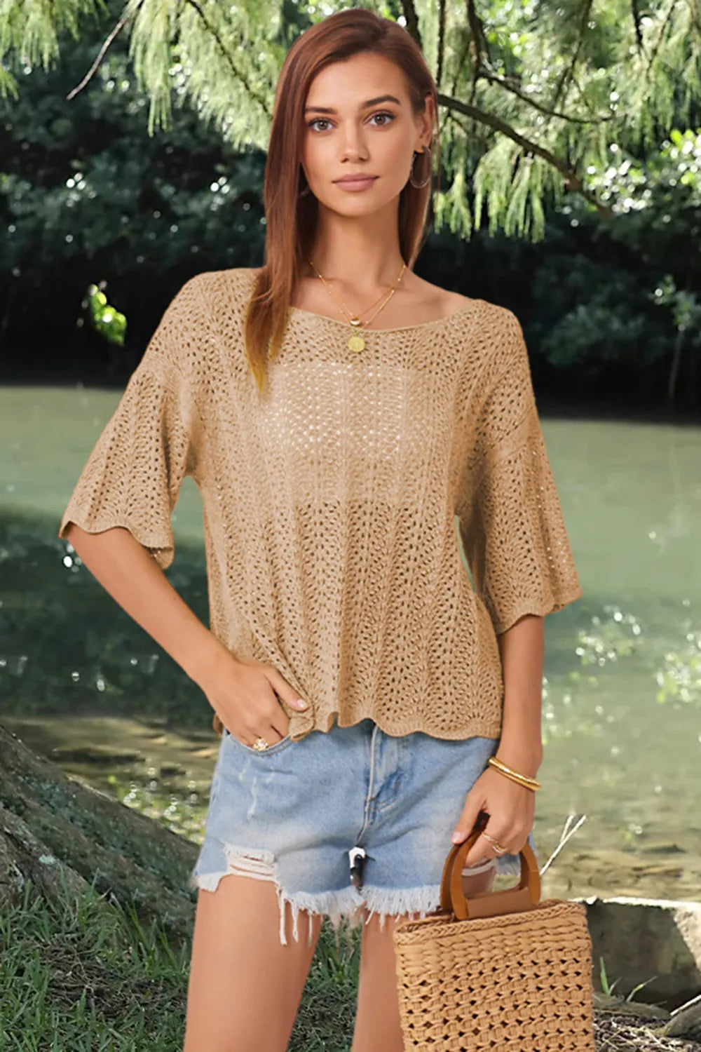 Openwork Round Neck Half Sleeve Knit Top - adritiX
