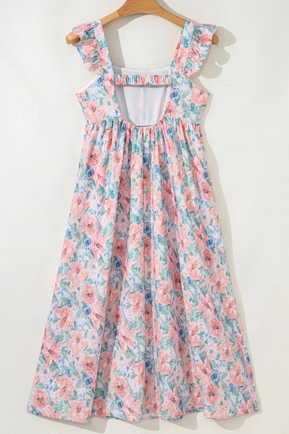 Floral Colorblock Flutter Straps Flowy Dress - adritiX