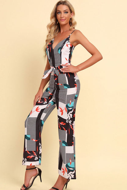 Elegant Printed Spaghetti Strap Tied Jumpsuit - adritiX