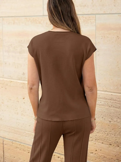 Round Neck Cap Sleeve Top and Pants Knit Set - adritiX