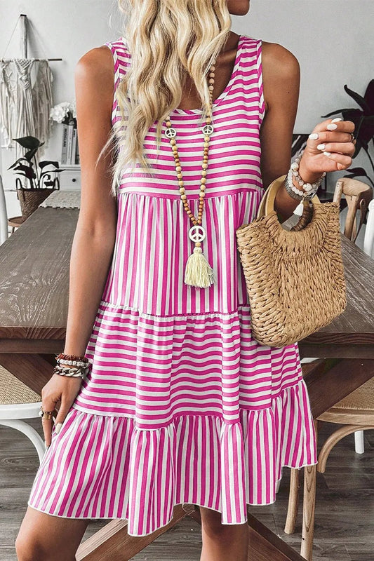 Stripe U Neck Sleeveless Loose Fit Mini Dress - adritiX