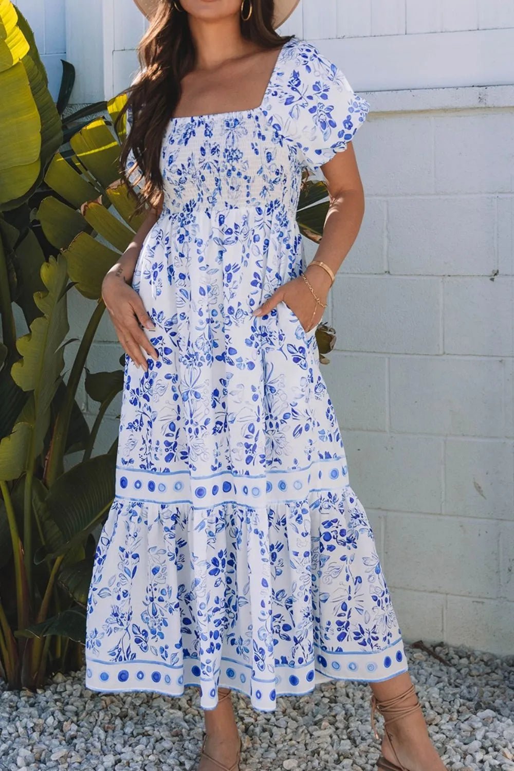Smocked Printed Square Neck Puff Sleeve Dress - adritiX