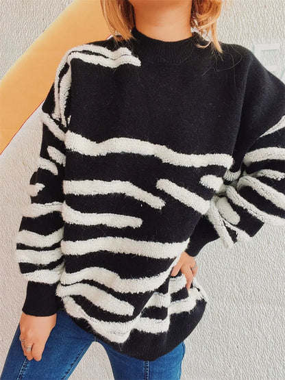 Elegant Contrast Round Neck Long Sleeve Sweater - adritiX