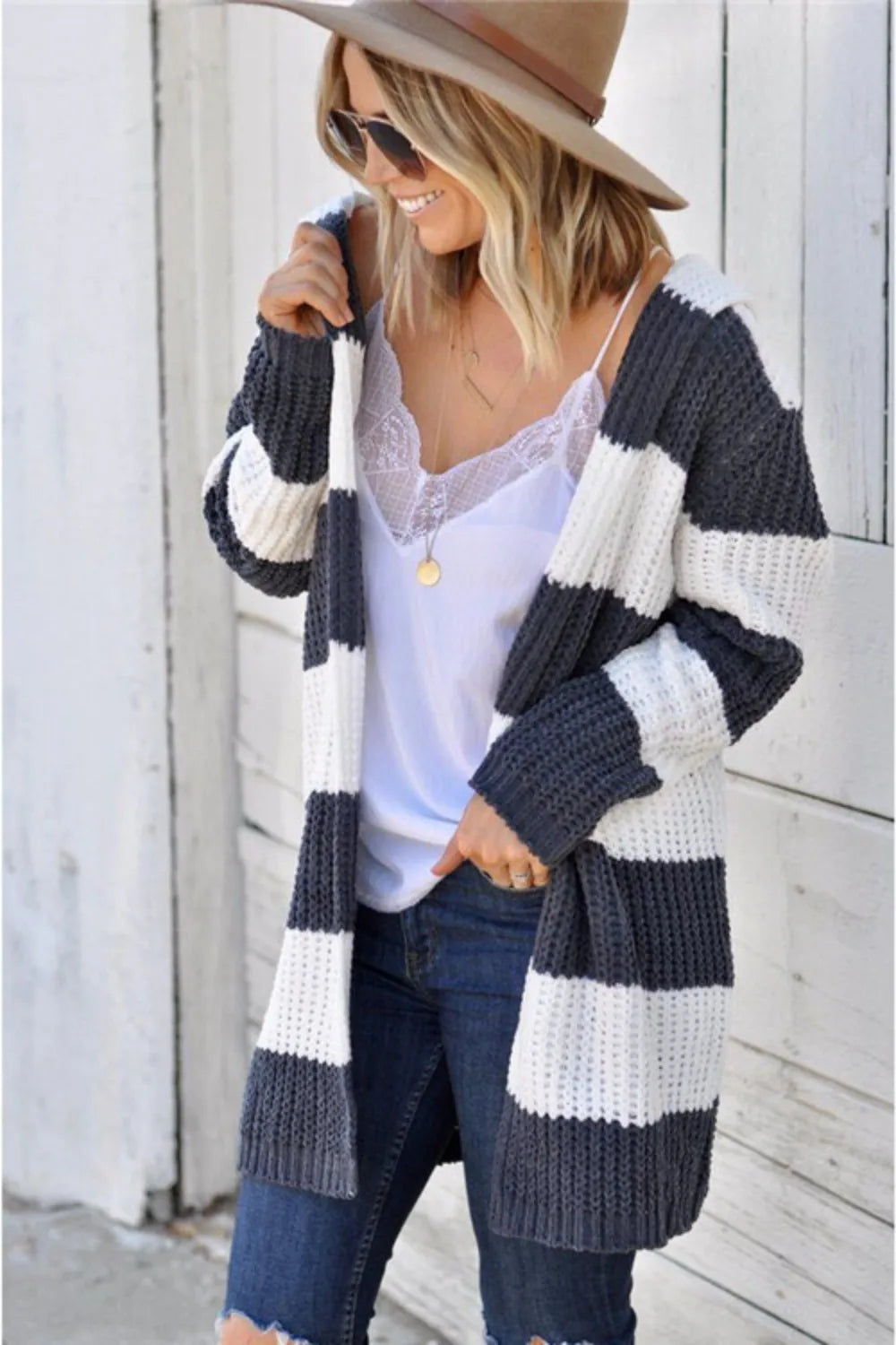 Contrast Stripes Open Front Long Sleeve Cardigan - adritiX