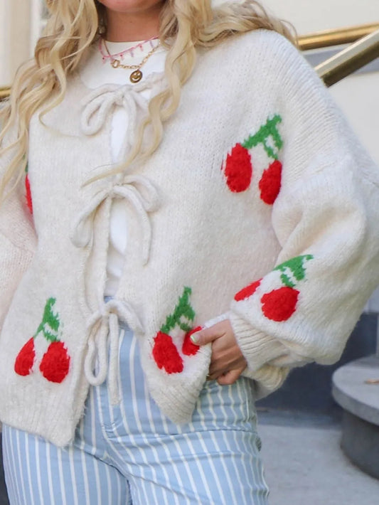 Tied Cherry Round Neck Long Sleeve Cardigan - adritiX