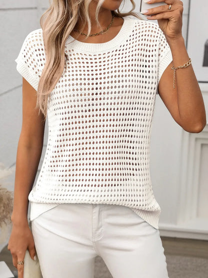 Openwork Round Neck Short Sleeve Knit Cover Up - adritiX