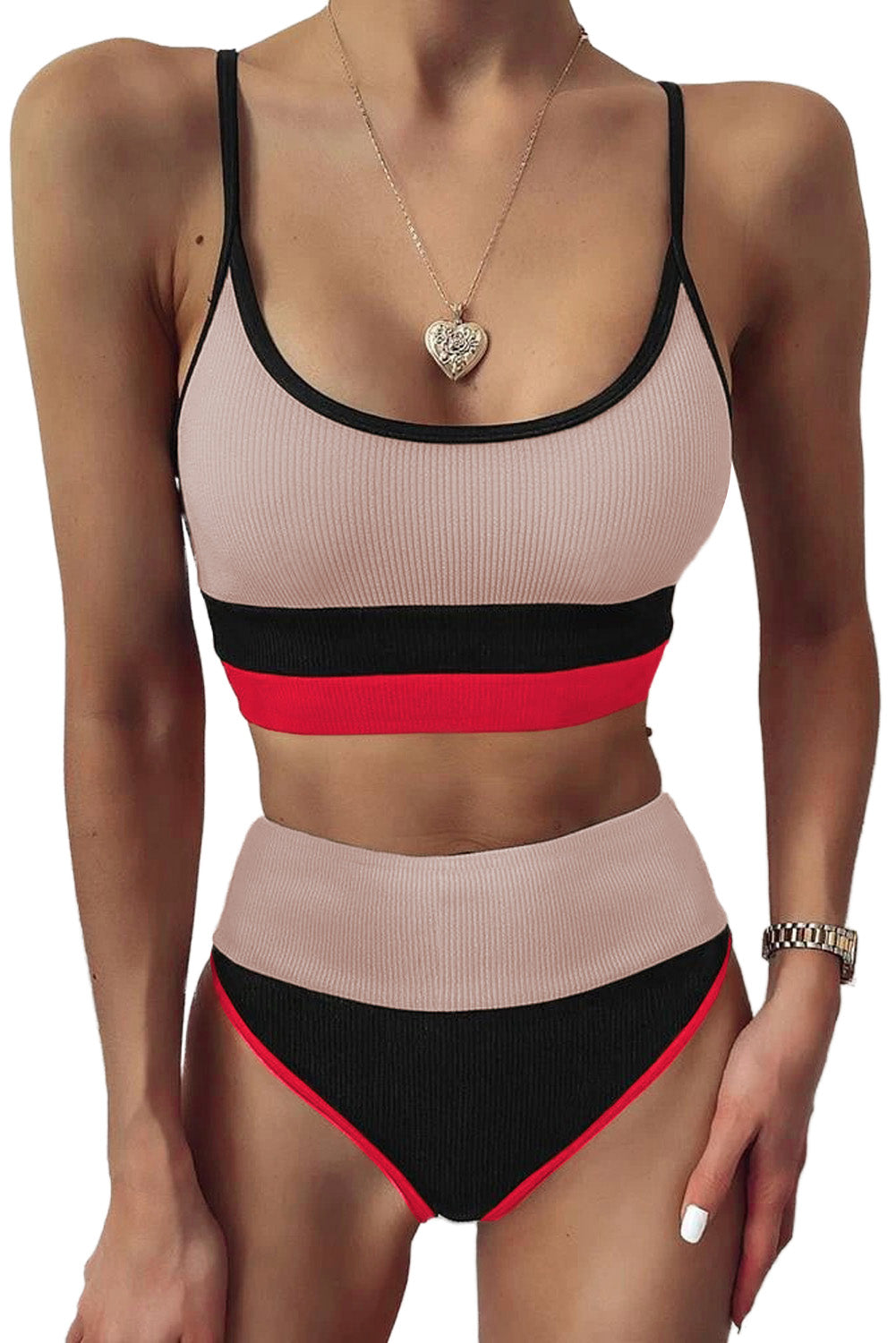 Color Block Spaghetti Strap Two-Piece Swim Set - adritiX